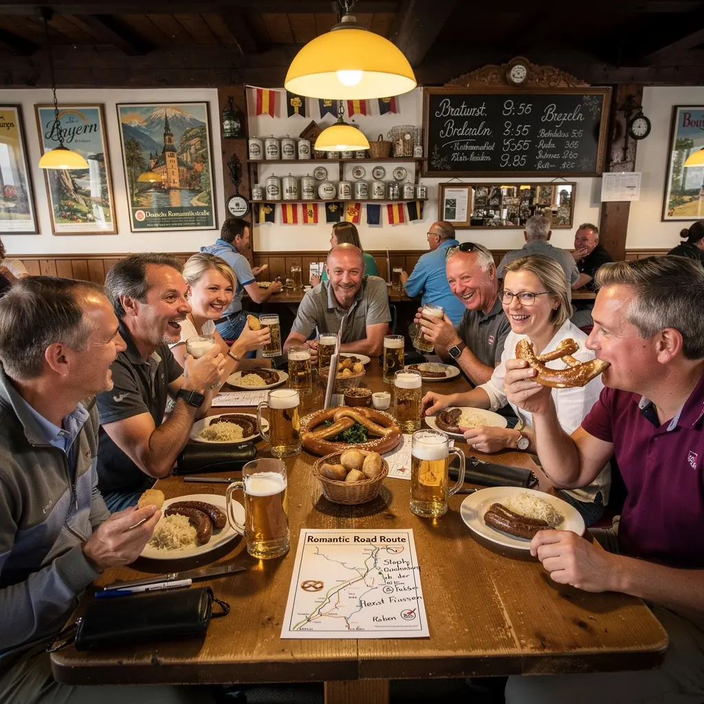 Ein gedrucktes Routenkarten-Design mit hervorgehobenen Haltepunkten und Sehenswürdigkeiten in Deutschland.